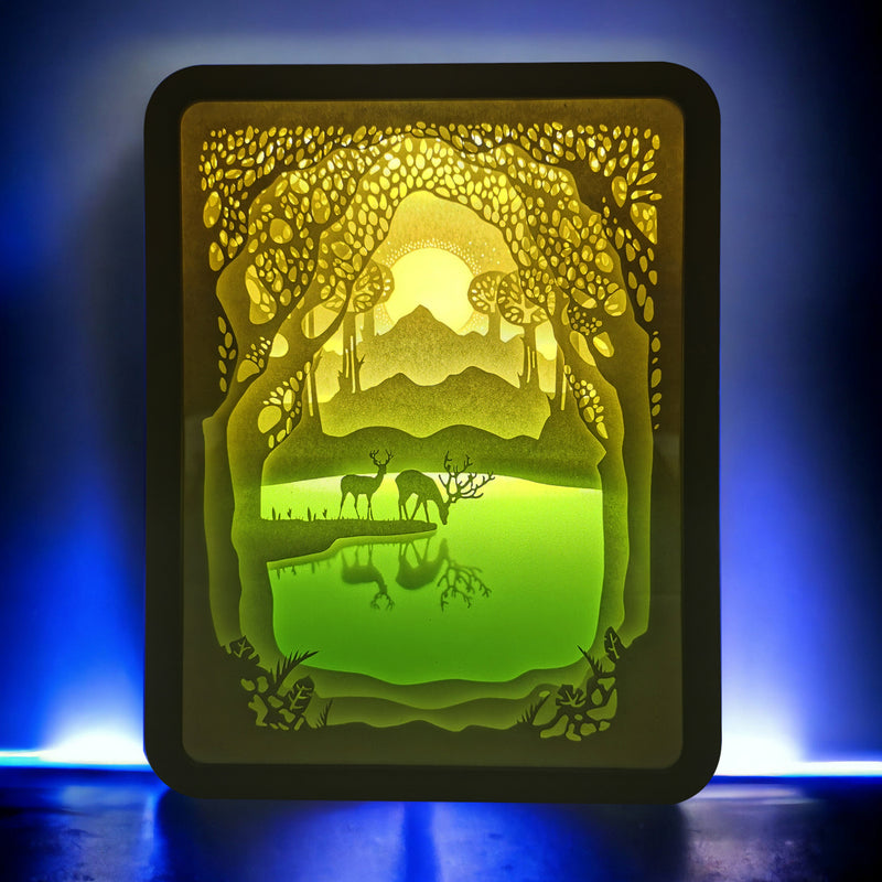 Paper Cut Light Box Deers Drinking from a Pond Scene