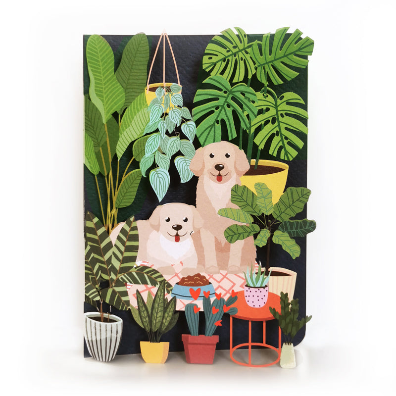 Original paper cut card dog and plants