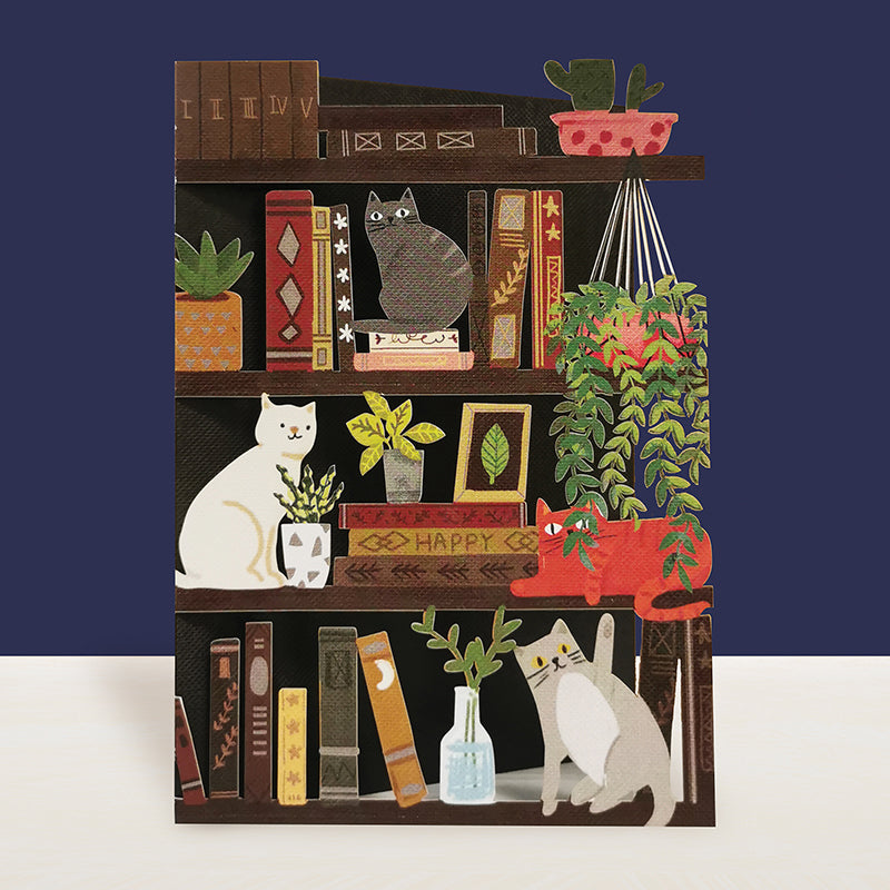 Original Paper cut Birhtday card - New Home (CAT ON BOOKSHELF AND PLANTS)