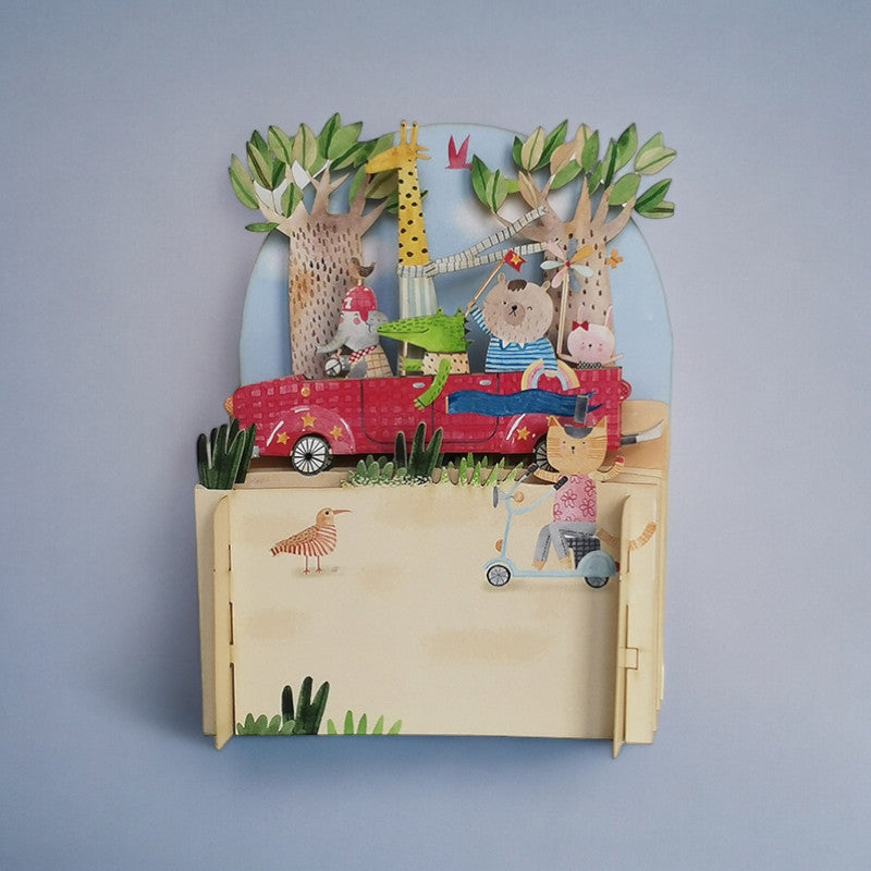 KID031 Children's pop up card- Animals car