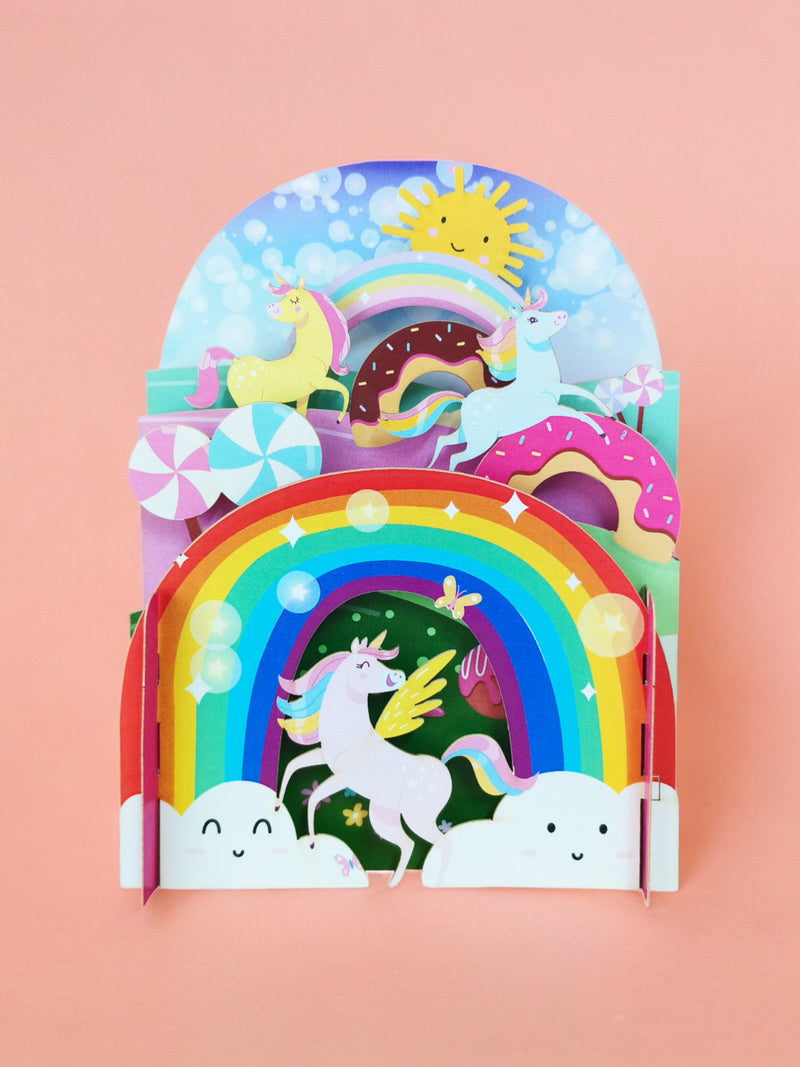 KID039 Children's pop up card-unicorn rainbow