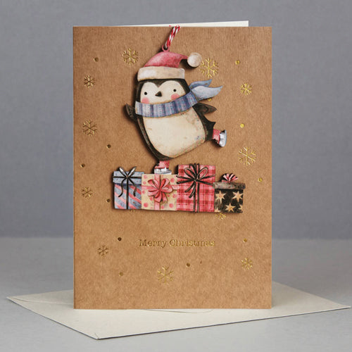 Wooden Christmas ornament card - pinguine
