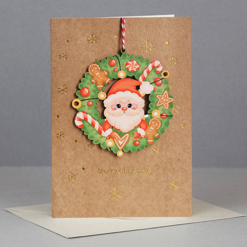 Wooden Christmas ornament card -santa wreath