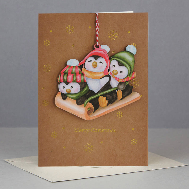 Wooden Christmas ornament card-Penguines
