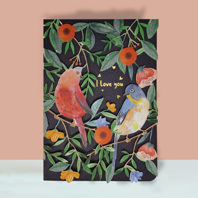 Paper cut Valentines day card - love BIRDS
